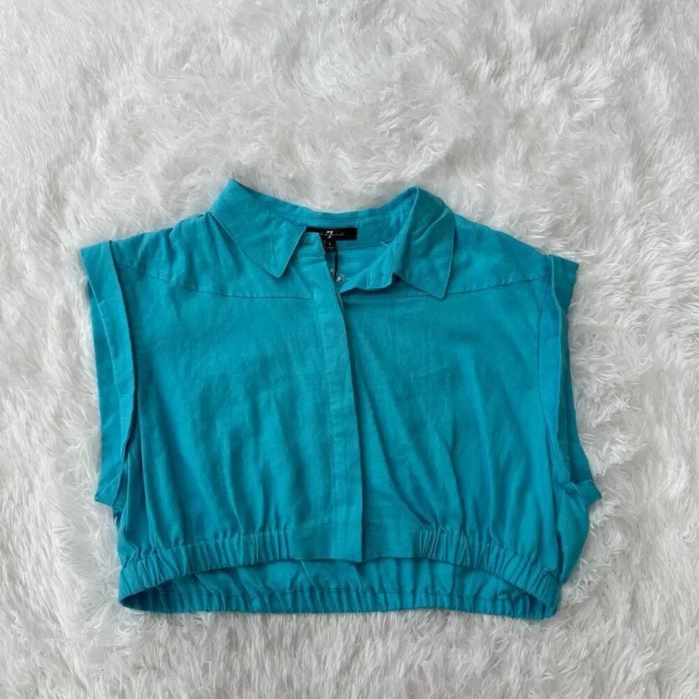 7 For All Mankind Turquoise Linen-Blend Crop Top size L NWT